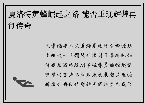 夏洛特黄蜂崛起之路 能否重现辉煌再创传奇
